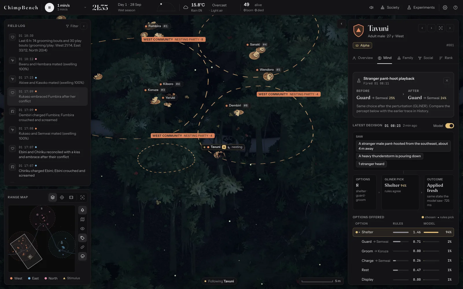 The forest at 21:35 from above: West chimps asleep in their nests in the canopy, grouped into labelled nesting parties inside dashed outlines. The field log on the left lists the evening's events, and the panel on the right shows Tavuni's Mind tab.